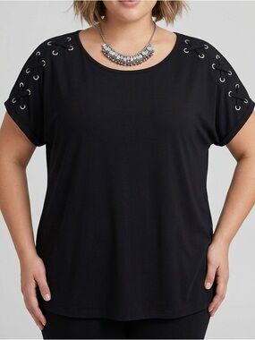 😍SHOW SPECIAL LILY MORGAN Black Stretch Short Sleeve Laced Blouse 3X